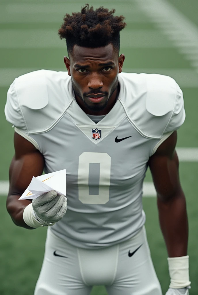 american football player, wearing a white uniform with a white stripe on the shirt, Number 0, crumpling a paper airplane in your hand