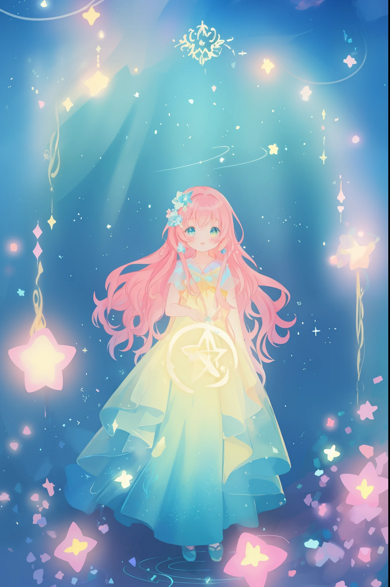 beautiful anime girl in flowing layered ballgown, vibrant pastel colors, (colorful), magical lights, magical flowers, flowers, glowing lights, red pink long wavy hair, sparkling lines of light, inspired by Glen Keane, inspired by Lois van Baarle, disney art style, by Lois van Baarle, glowing aura around her, by Glen Keane, jen bartel, glowing lights! digital painting, flowing glowing hair, glowing flowing hair, beautiful digital illustration, fantasia background, whimsical, magical, fantasy, beautiful face, ((masterpiece, best quality)), intricate details, highly detailed, sharp focus, 8k resolution, sparkling detailed eyes, liquid watercolor
