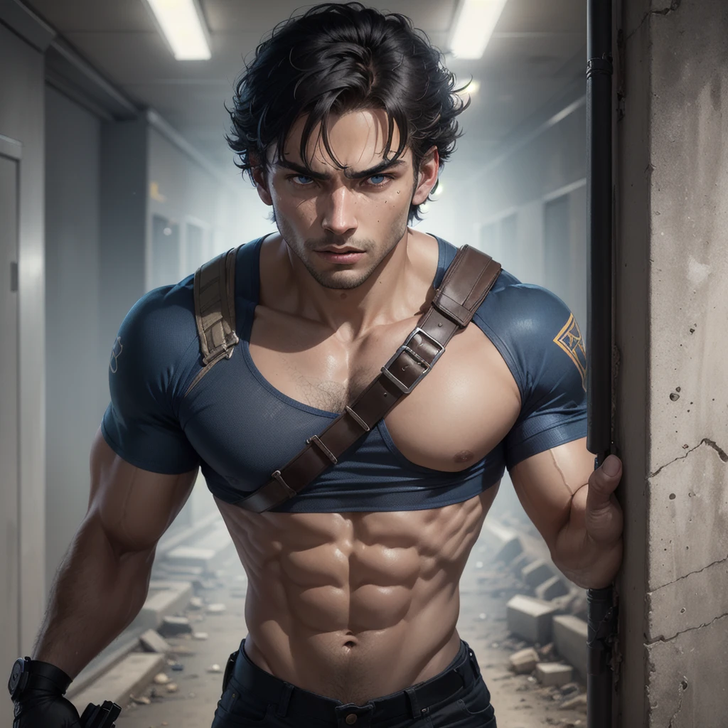 "Create a photorealistic illustration of a dark-skinned man in a dangerous situation in an underground location.
The man has strong, angular features, with tanned skin and short dark hair. His blue eyes convey an expression of alert and concern. His body is muscular and athletic, and he firmly holds a firearm with firm, ready hands. In addition to wearing dark clothes.
He is in a dark, underground environment, possibly a tunnel. Stone or concrete walls create a feeling of confinement and isolation. The lighting is dim and shadowy, casting unsettling shadows across the character's tense face.
The composition of the scene should create a feeling of imminent danger, with the character in an alert position, ready to react to an unknown threat. The lighting and color palette should convey an oppressive and threatening atmosphere, accentuating the tension of the situation.
Through facial expression, body posture and hostile environment, the illustration must convey a sense of vulnerability, adrenaline and the urgent need for survival. Realistic details, such as the texture of the weapons and the determined expression of the character, should reinforce the authenticity of the scene."