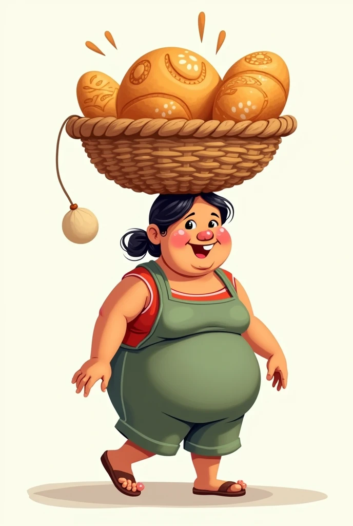 A cartoon logo-type drawing of a short, somewhat plump woman with a beautiful, friendly smile carrying a basket of Paraguayan chipa arralla on her head