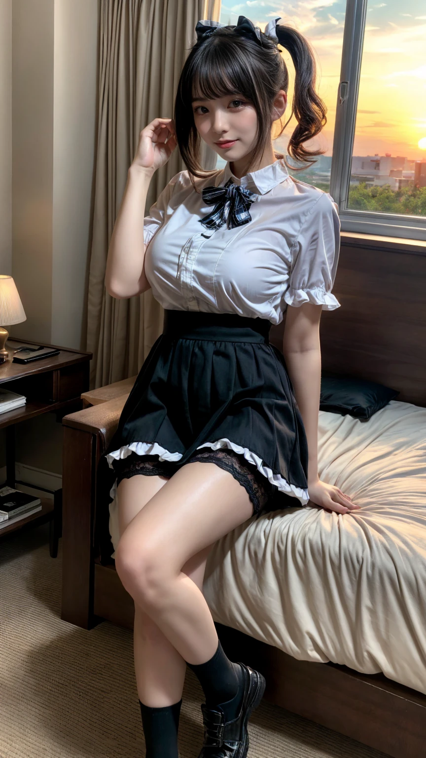 Highest quality、masterpiece、High sensitivity、High resolution、Detailed Description、Slender body、Slim Body、Frill apron、mini skirt、Knee-high socks、