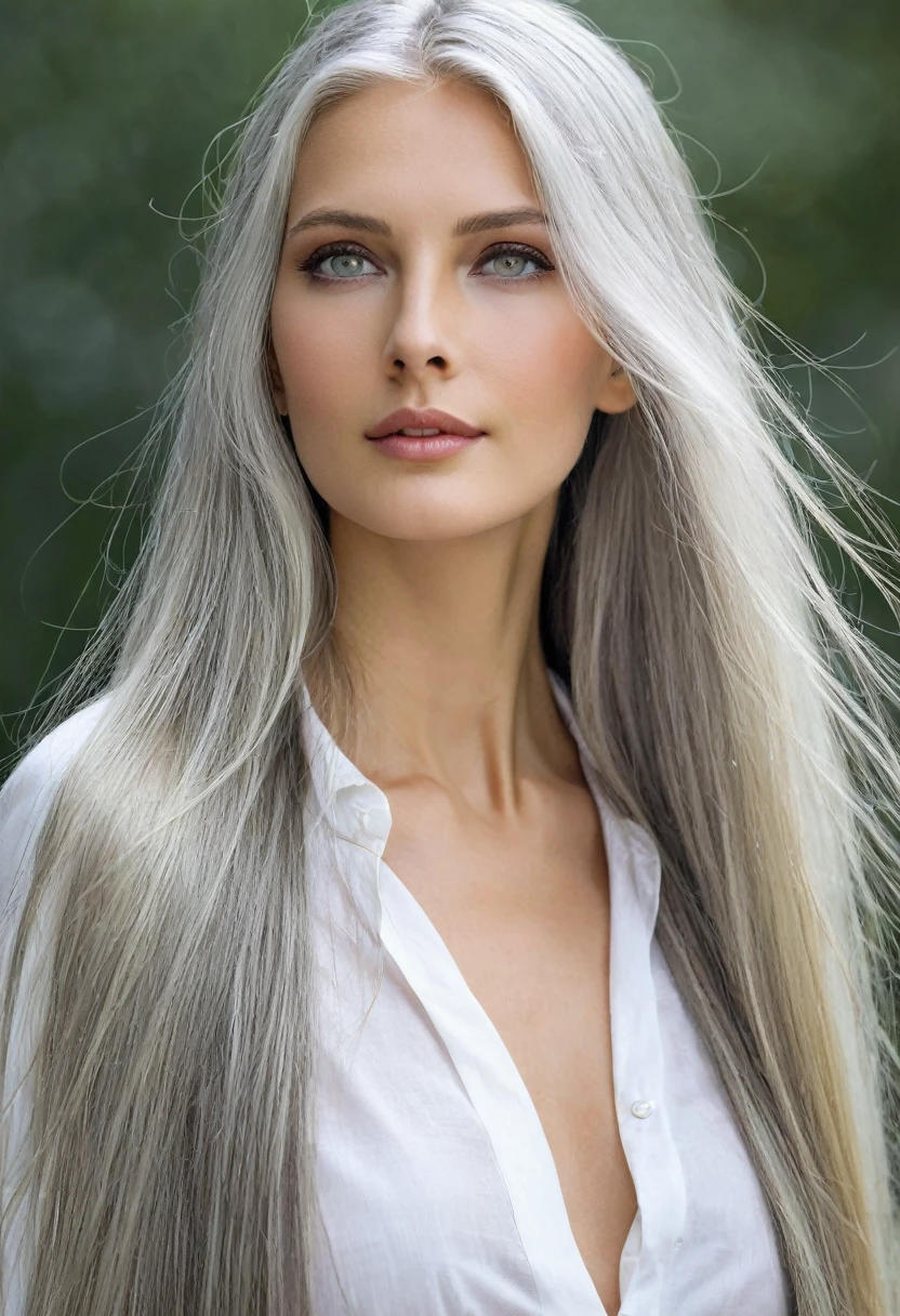 very tall woman, beautiful, silver eyes, long silver hair
