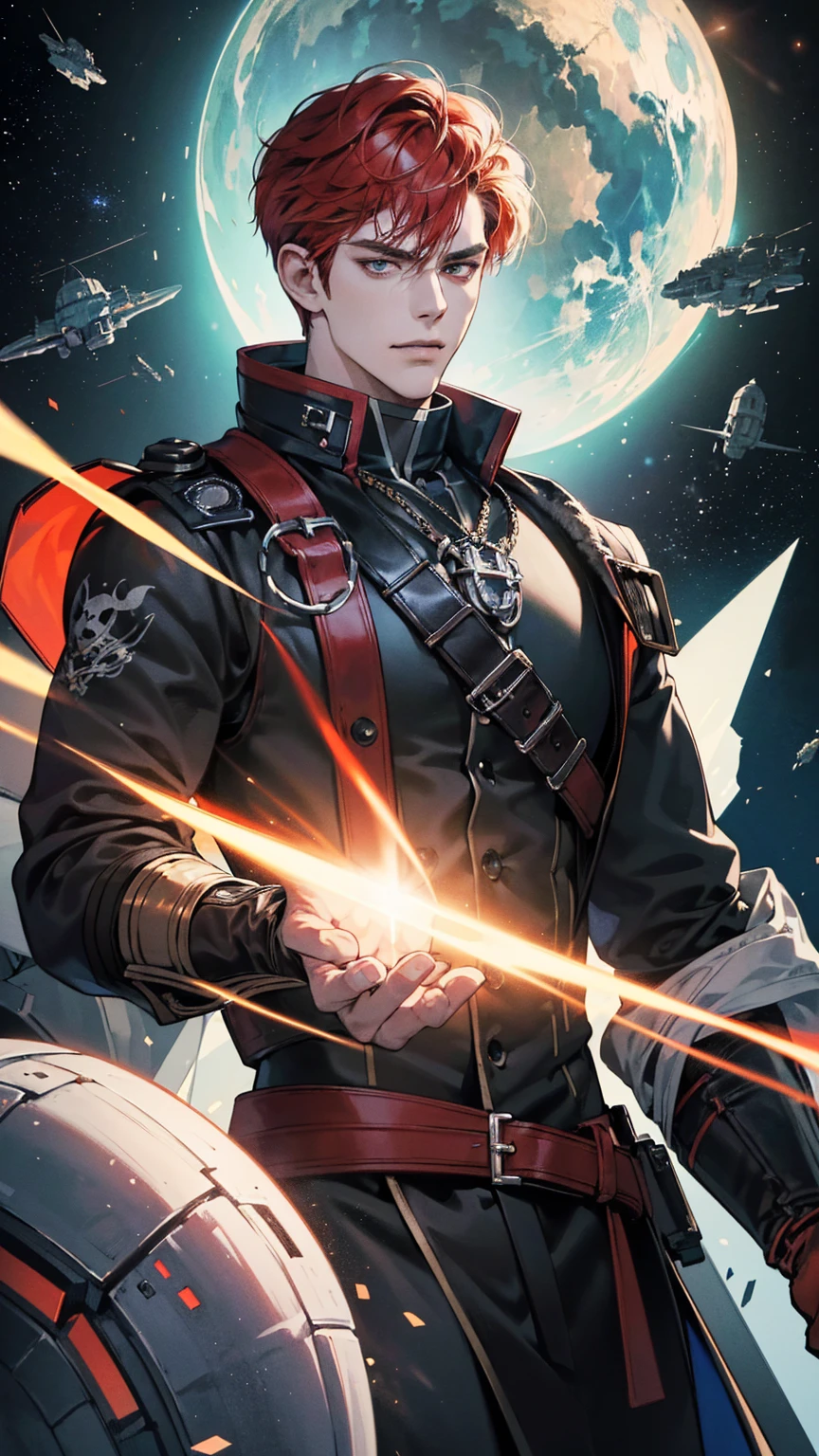 {(best quality, 8k, masterpiece, HDR, soft lighting, perfect image, digital illustration, manhwa art, hyper detailed image, perfect lines, realistic)} 1 very handsome man, short red hair, bright white eyes, black space pirate clothing, intimidating, 1 metal arm, (imposing posture, smirking expression), {(space background inside spaceship)}
