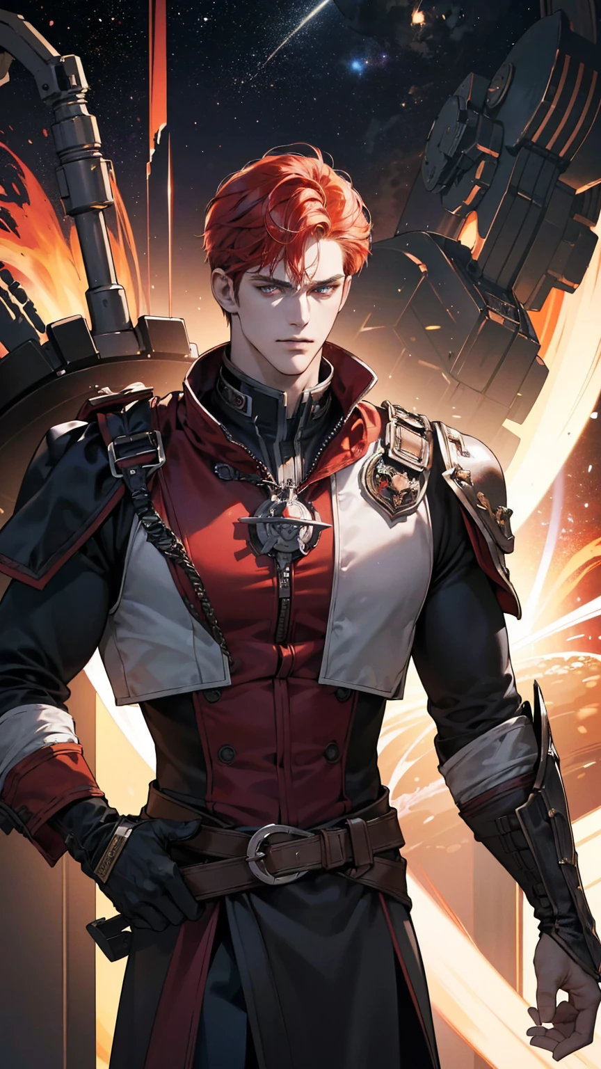 {(best quality, 8k, masterpiece, HDR, soft lighting, perfect image, digital illustration, manhwa art, hyper detailed image, perfect lines, realistic)} 1 very handsome man, short red hair, bright white eyes, black space pirate clothing, intimidating, 1 metal arm, (imposing posture, smirking expression), {(space background inside spaceship)}