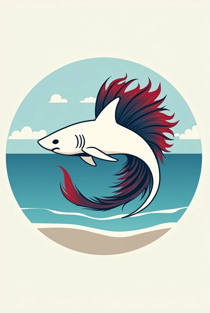 Create a logo with a fusion between a white shark and a betta fish with the beach and the sea in the background Minimalist 