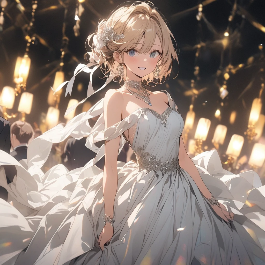 A woman in an elegant dress at a fancy party