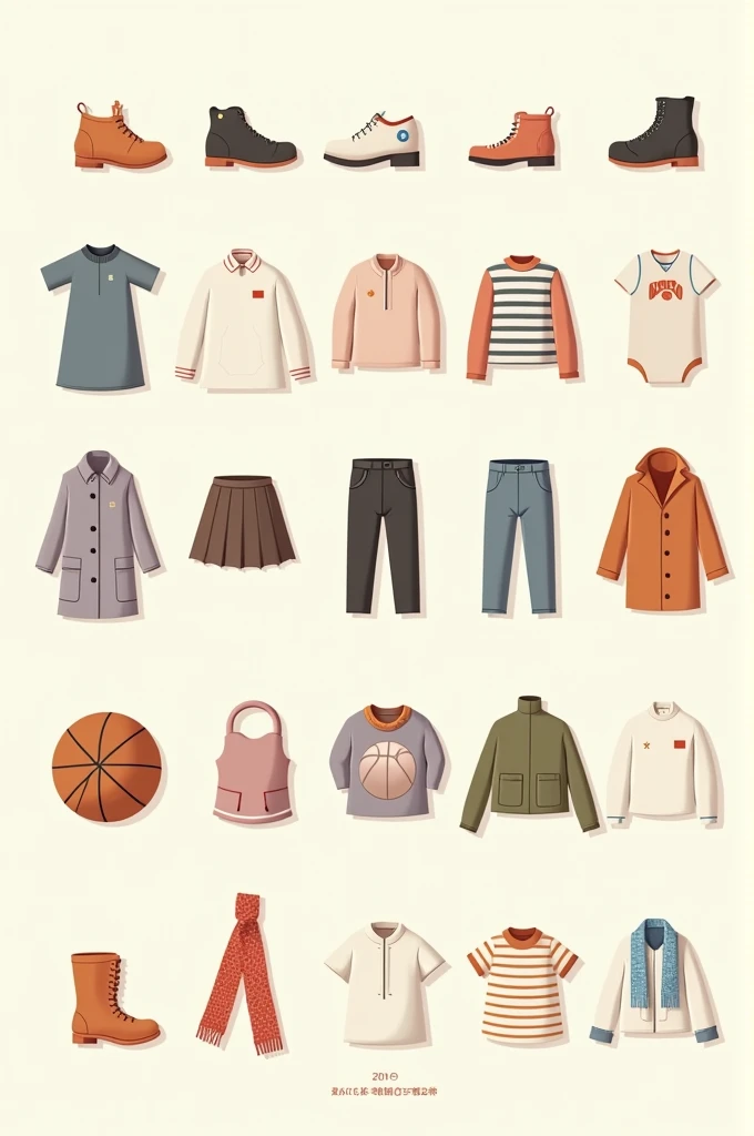 J'aimerais des dessins les uns à côté des autres un petit peu espacées d'une robe de chaussures d'une chemise d'un pantalon d'un t-shirt de basket d'une jupe d'un pull d'un manteau de bottes d'une blouse et d'un foulard dans un style un peu enfantin