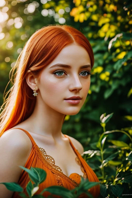 a girl with orange hair, beautiful detailed eyes, beautiful detailed lips, extremely detailed face and portrait, long eyelashes, elegant dress, outdoor garden scenery, sunlight, warm colors, vibrant, photorealistic, masterpiece, 4k, ultra-detailed, professional photography, natural lighting, cinematic, atmospheric