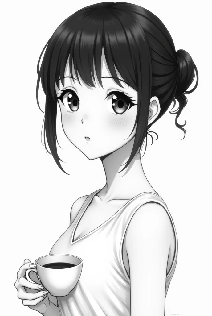 black and white anime style girl female, white cup d