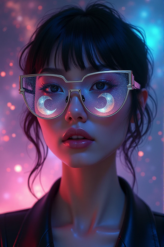 The model is wearing glass sunglasses with stars and the moon on the glass, nudy