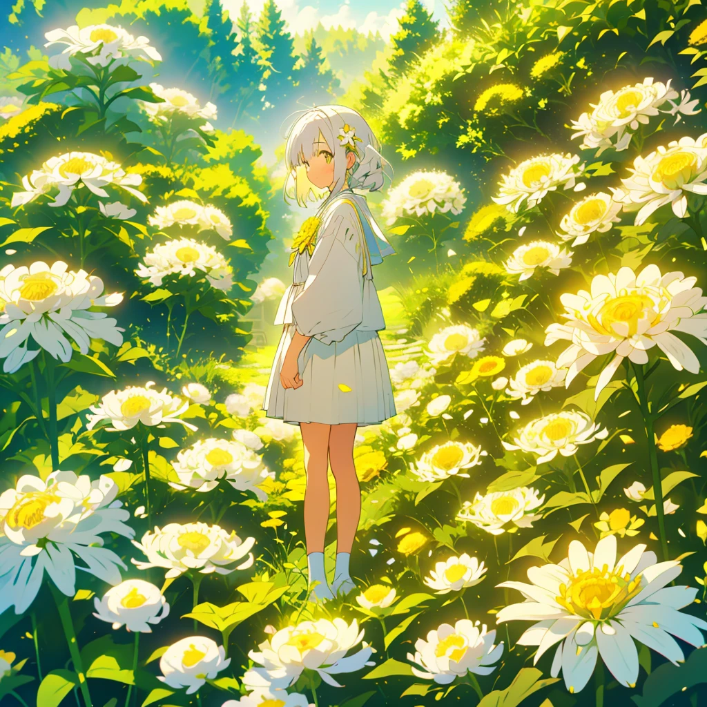 A girl stands on a hill with small white chrysanthemums with yellow centers at her feet、Sad