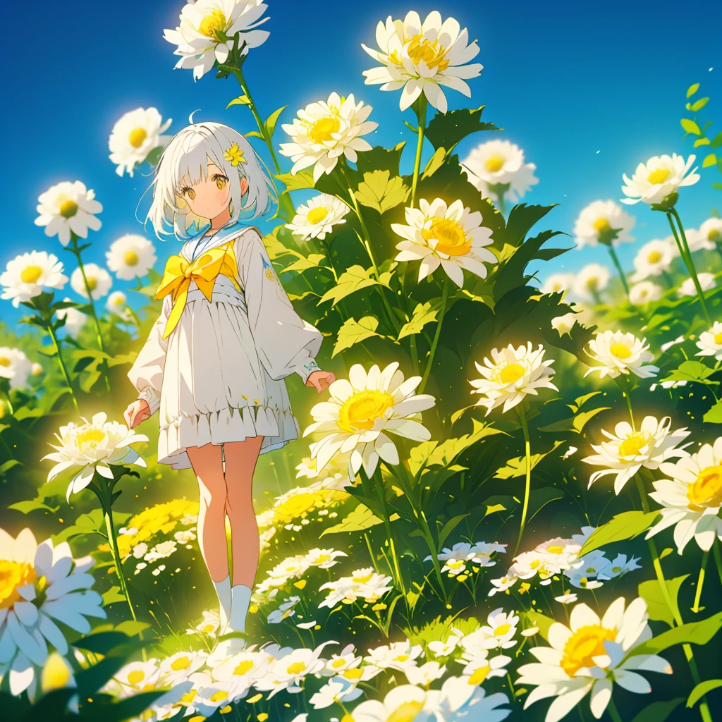 A girl stands on a hill with small white chrysanthemums with yellow centers at her feet、Sad