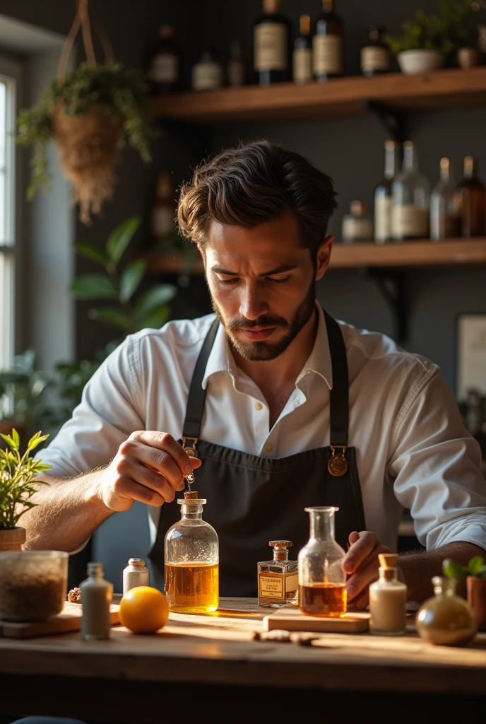 Young man starts making mixtures to make a good quality perfume