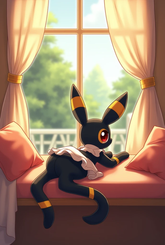 cafe, window, curtains, cushion, summer, day, available_light，((((the maid outfit，Role-playing set)))) 
((umbreon)), [[black_body, yellow_circle_tattoo, black_fur, markings, ear_markings]], non-humans, no-hair
(((quadruped, feral, canid, canine))), hind_limbs, (pink_pawpads:1.2), (animal_legs, animal_hand:1.2)
solo, looking_at_viewer
(on_front), lying
rear_view
best_quality, hi_res, masterpiece, absurd_res
Highly_detailed, 4k, high_detail, detailed_background
uploaded_on_e621, (by_Hioshiru:1.2), (by_Ancesra:0.6), (by_Kekitopu:0.6), (by_kikunyi:0.6), (by_Syuro:1.2), (by_Doxy:0.6), (by_youjomodoki:0.6), by_dacad, (by_reysi:1.2), by_zinfyu, by_pata, by_chunie, by_dr.bubblebum