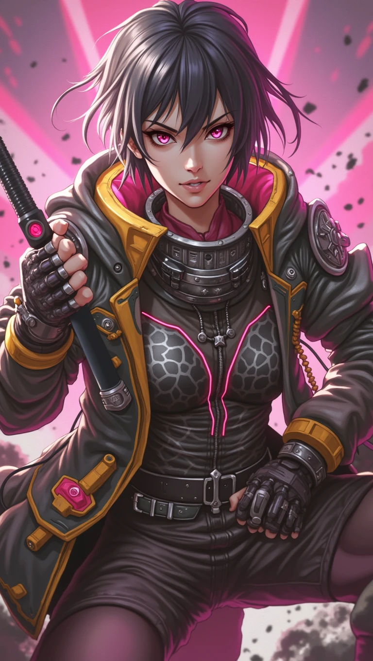 best quality, masterpiece, aesthetic, full-body dynamic pose high quality, 1girl punching, android, (yellow and black) upper armor, mechanical arms, short punk hair, black hair, white background, intense expression, looking at viewer, (simple background:1.4) a (giraffe pattern outfit) yellow and black outfit,sword,beautiful cyberpunk woman,cyberpunk angry gorgeous goddess,beautiful cyborg girl ,hyper realistic,intricate details,cinematic lighting,vibrant colors,award winning,stunning,masterpiece