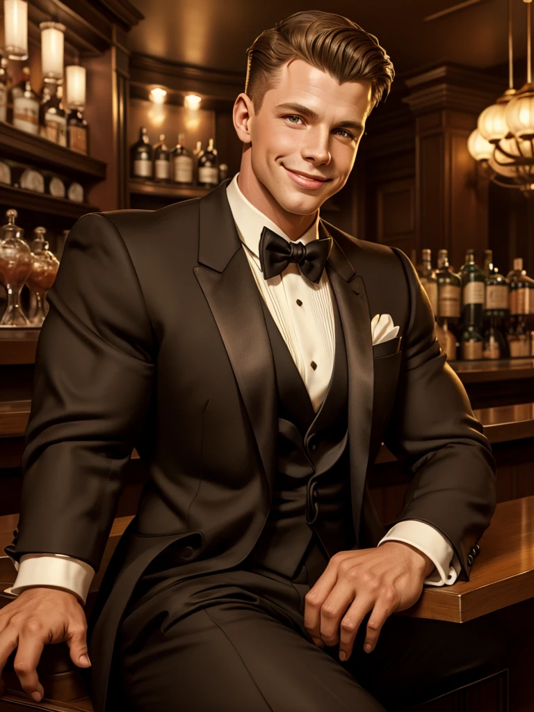 Leyendecker style illustration;
far angle, highres, detailed face, male focus, looking at viewer, mjf, mole, fancy tuxedo, handsome smile, sitting at bar,