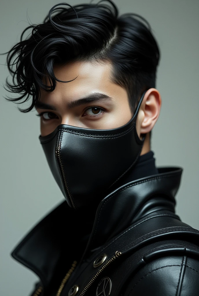 young man. porcelain skin. hair black as night. thick eyebrows. looking sideways. a leather mask covers his mouth. black armor short hair. White skin. 