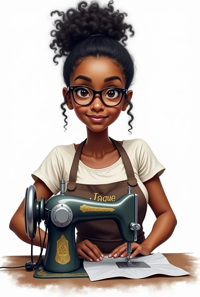 Drawing of a black Brazilian woman with curly hair tied up and glasses with a sewing machine and a white background with her name on the apron Jaque
