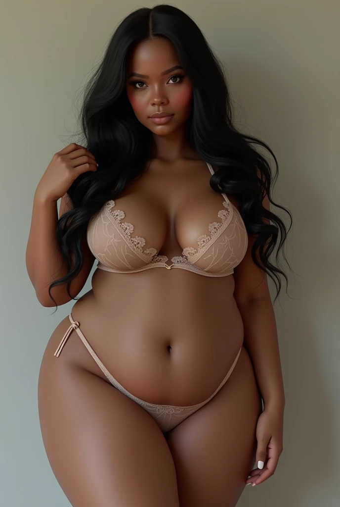woman, long wavy black hair, big bust, wide hips, chubby, in lace underwear, looking at the camera, photorealistic