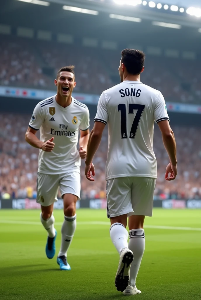 A young man wears the Real Madrid jersey named "SONG"on the back,number 17 celebrated with Cristiano Ronaldo
