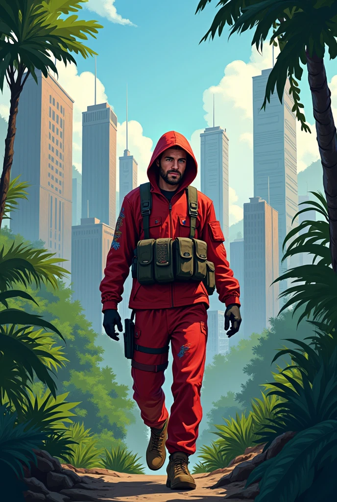 A survivor in red suit arriving at his city after escaping from the jungle 2d