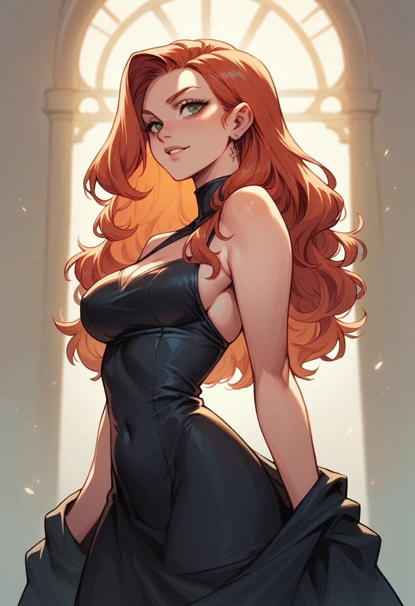 a redhead, with a perfect body in a black dress