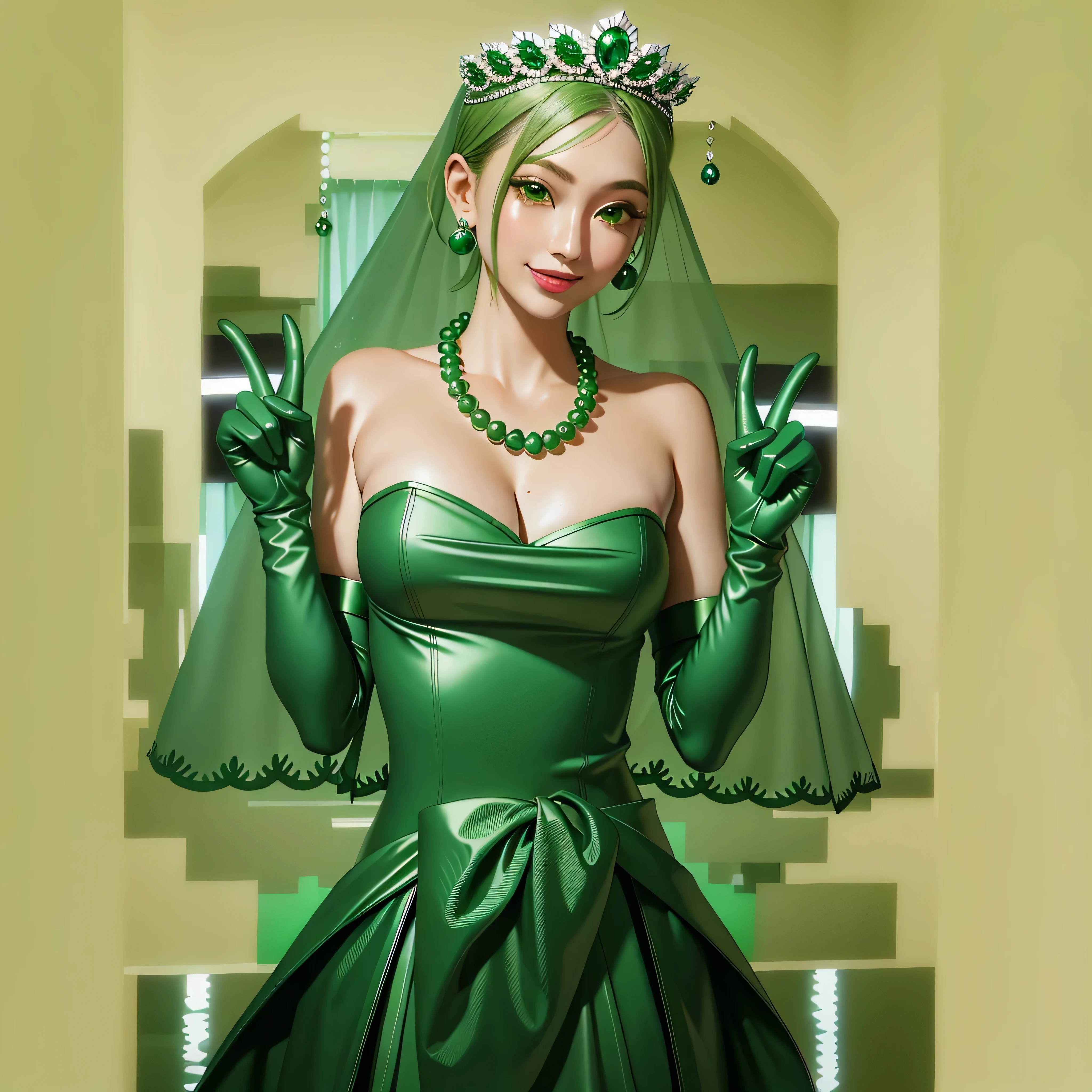 Emerald tiara, Green Pearl Necklace, Boyish very short green hair, Green Lips, Smiling Japanese woman, Very short hair, Busty beautiful lady, Green Eyes, Green satin long gloves, Green Eyes, Emerald Earrings, Green veil, all, Green Hair, Beautiful Japanese Woman, green lip gloss