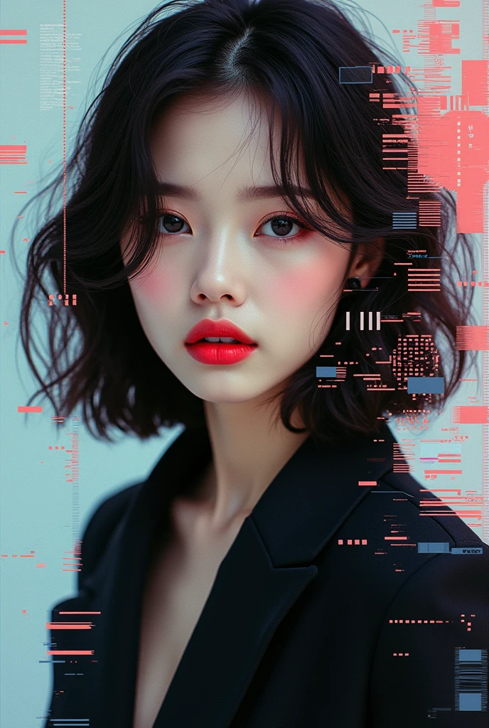 (cover of a magazine:1.3),ulzzang-6500, (realisitic: 1.3) (original: 1.2), work of art, best qualityer, beautiful clean face, whole body, 1 girl, glitch art, (Digital Distortion), pixelated fragments, Data corruption,Color noise, visual chaos,contemporary aesthetic