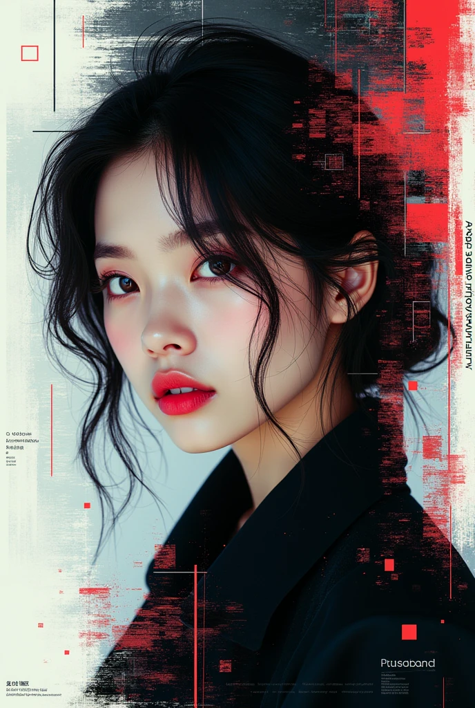 (cover of a magazine:1.3),ulzzang-6500, (realisitic: 1.3) (original: 1.2), work of art, best qualityer, beautiful clean face, whole body, 1 girl, glitch art, (Digital Distortion), pixelated fragments, Data corruption,Color noise, visual chaos,contemporary aesthetic