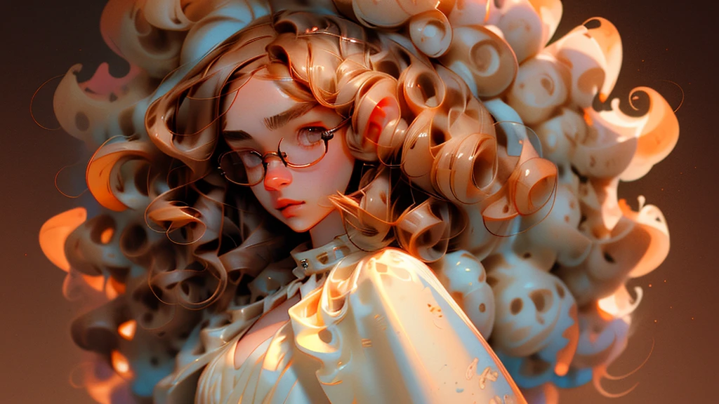 detailed art masterpiece, 2d manga style, girl with roudend glasses and curly brown hair with a white bouffont cleavage dress center image in a wheat farm