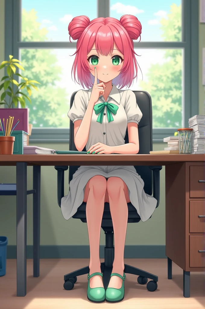 An anime woman with pink hair and 2 buns sitting at a brown desk in an office, green painted nails, that she wears a white dress , light green school shoes green eyes, 