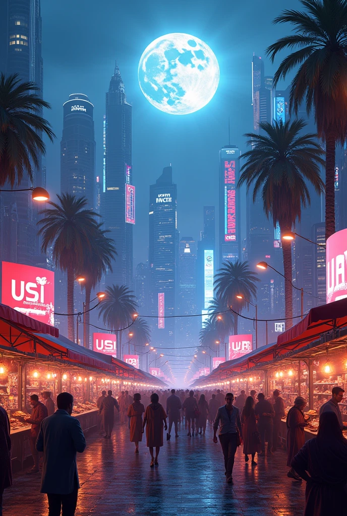 street level shot a full crowd of conversation people in a bazaar with customer from NIGHT market festival in new york beside the street with futuristic city street metropolis night, big moonlight, cyberpunk vibes, neon lights or led screen from usa brand, symmetrical view and vertical orientation