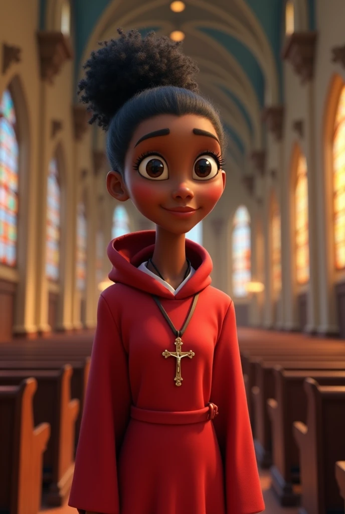 Pixar-inspired 3D poster of a young black woman with her hair TIED in a bun, wearing a red acolyte&#39;s robe,with a small crucifix around his neck, inside a church