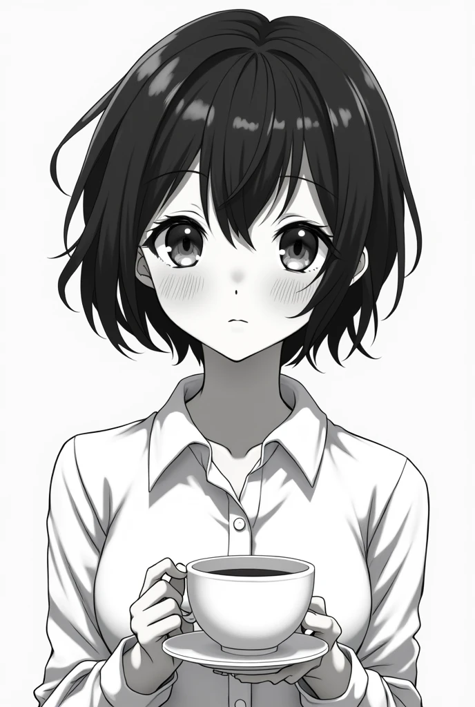 black and white anime style girl female, white cup E