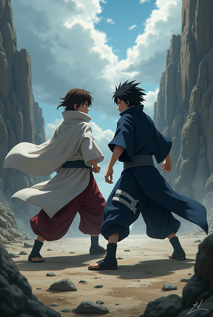  brown haired and brown skinned with the byakugan fighting with sasuke uchiha 
