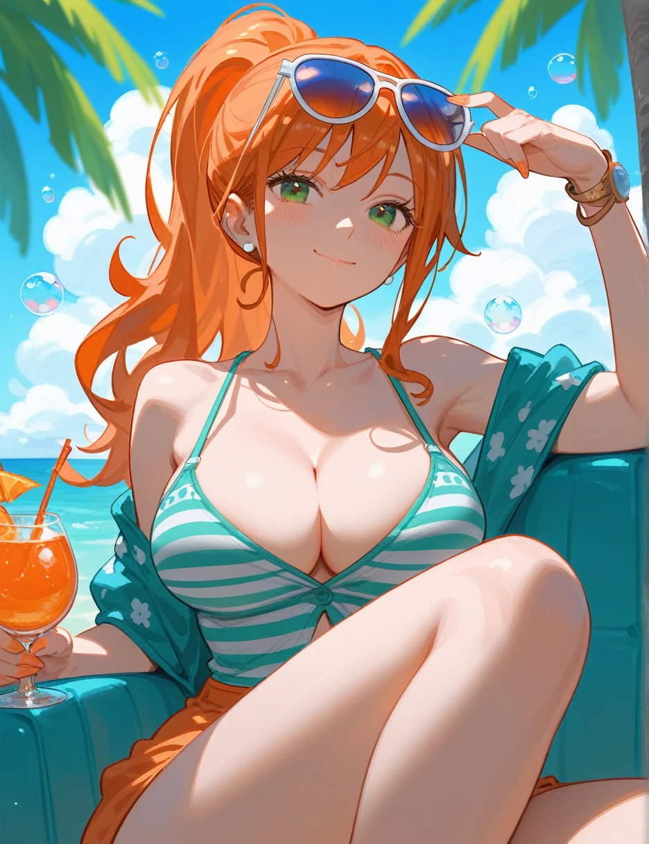 (from below:0.3), score_9_up,score_8_up, nami,1girl, solo, green eyes, orange hair, ponytail, ((blush)), closed mouth, smile, big breast, pose, ((sitting )), (thin girl:1.2), (bubbles), ((entertainment park)), sunglasses, (glass with a straw)