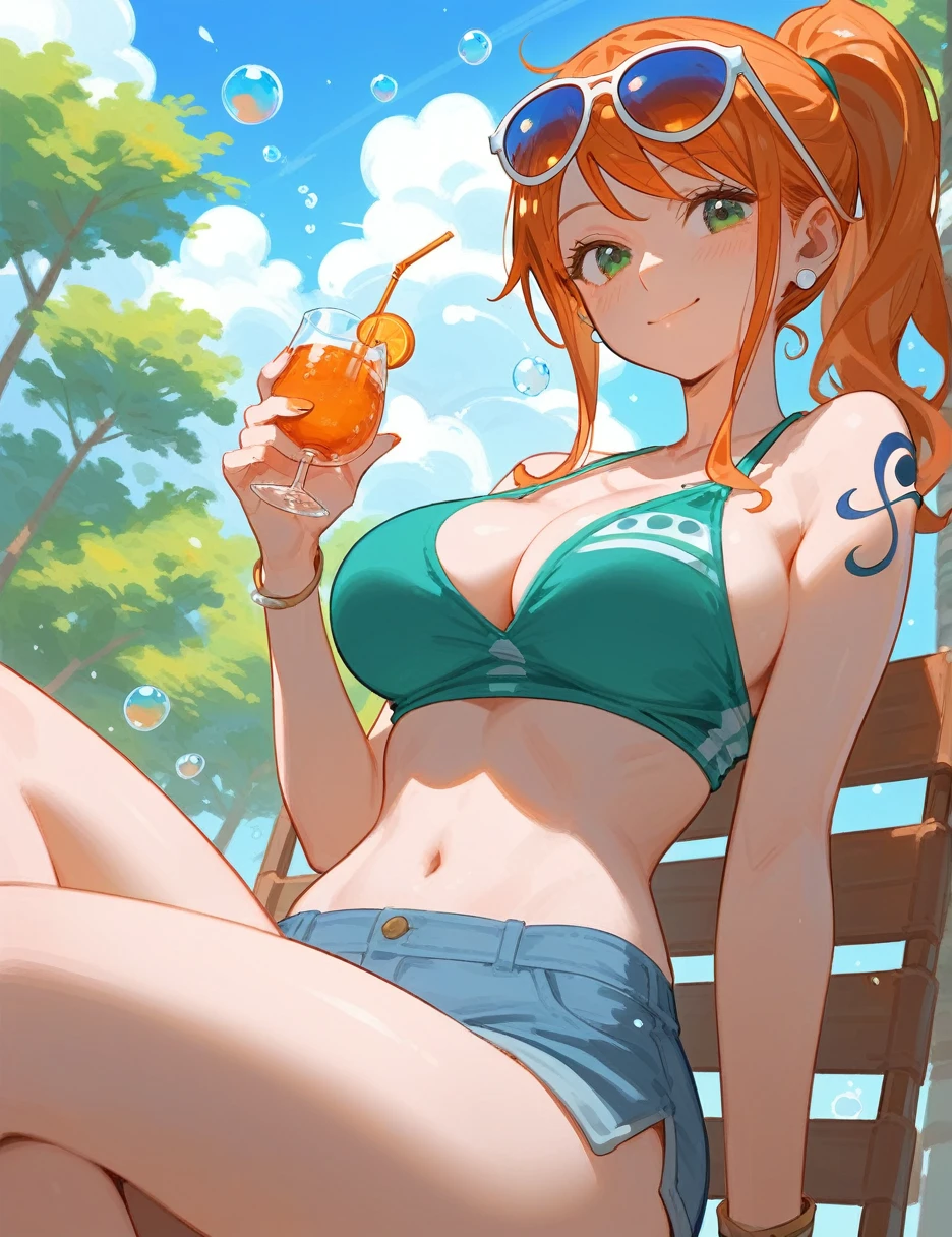 (from below:0.3), score_9_up,score_8_up, nami,1girl, solo, green eyes, orange hair, ponytail, ((blush)), closed mouth, smile, big breast, pose, ((sitting )), (thin girl:1.2), (bubbles), ((entertainment park)), sunglasses, (glass with a straw)