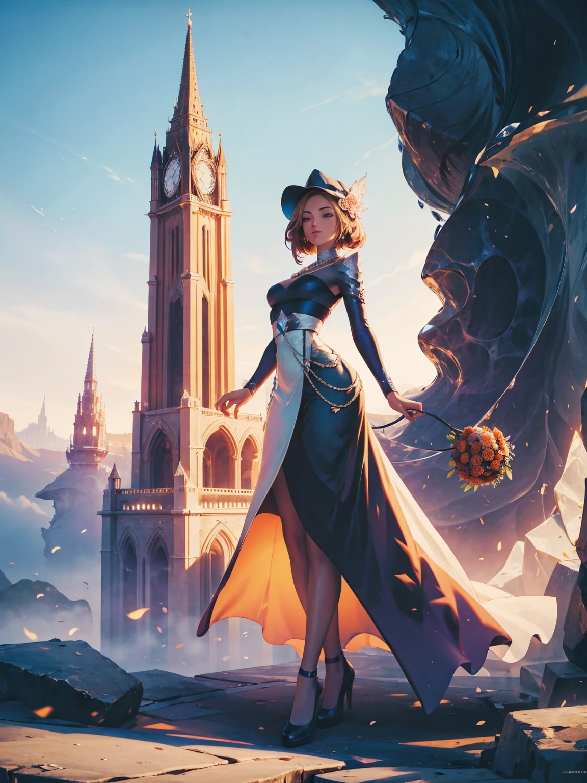 detailed textures, high quality, high resolution, high precision, realism, color correction, correct lighting settings, harmonious composition. Beautiful woman in a dress made of flowers, posing elegantly with a hat and large black sunglasses in a full body shot, surrounded by a cityscape in autumn colors. The digital art style features a vibrant orange and brown color palette with detailed illustration. The fantasy background includes fantasy architecture, buildings and a fantasy town in the distance depicted in the style of cute and elegant. dynamic angle, Vector Image --ar 3:4 --niji 6