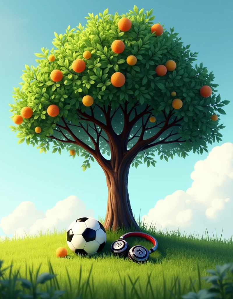 a tree with fruit with grass around it where there is a soccer ball next to some headphones inside a computer