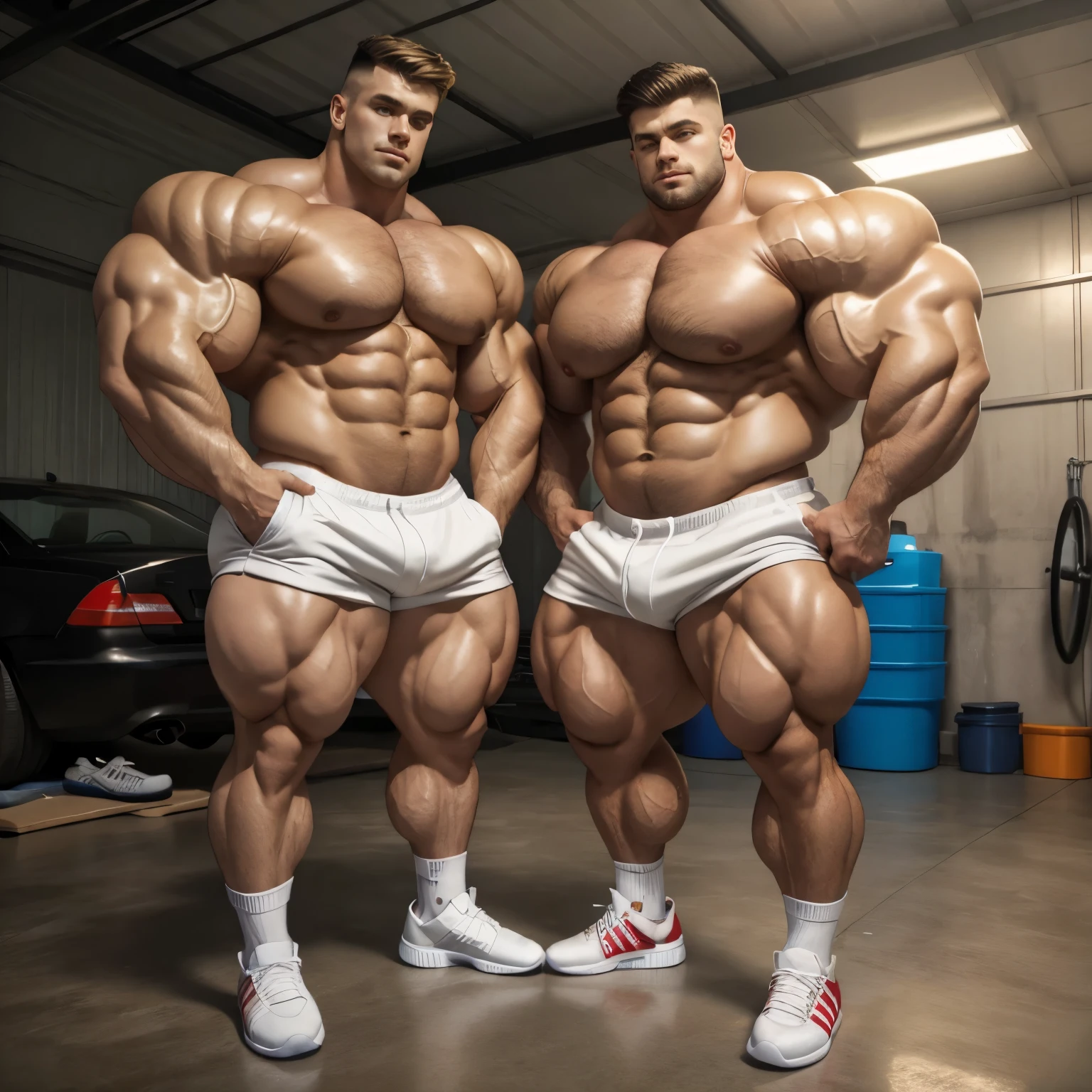 full view full body, Two  over-muscular massive bodybuilders teen   flexing their over-inflated arms in a front double-biceps pose. Shirtless, wearing white sweatshorts, long white socks pulled up , white adidas hi-top sneakers, both Handsome with undercut clean haircuts. One blonde one brunett. Really over-bloated shoulders. Thick pumped oversized over-inflated pecs. Huge over-inflated big bulbous triple-biceps. Feeling each others round pecs, in a garage, shoes ans socks must be seen