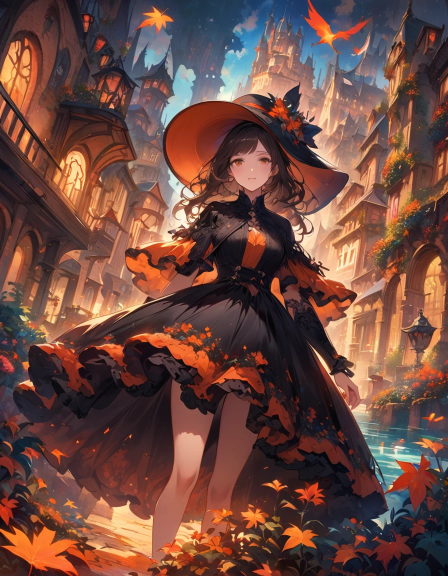 detailed textures, high quality, high resolution, high precision, realism, color correction, correct lighting settings, harmonious composition. Beautiful woman in a dress made of flowers, posing elegantly with a hat and large black sunglasses in a full body shot, surrounded by a cityscape in autumn colors. The digital art style features a vibrant orange and brown color palette with detailed illustration. The fantasy background includes fantasy architecture, buildings and a fantasy town in the distance depicted in the style of cute and elegant. dynamic angle, Vector Image --ar 3:4 --niji 6
