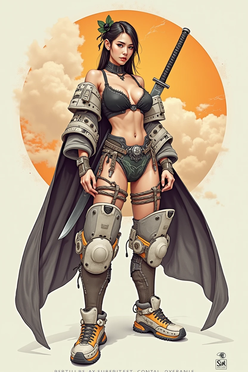 a futuristic female warrior holding a katana, (finely detailed skin), pale skin, (in a deep neckline highly detailed sexy futuristic cyberpunk black crop top and underpants made of circuit boards, japanese words with a flare effect, beautiful epic composition, futuristic, masterpiece, appealing, posing for a photo