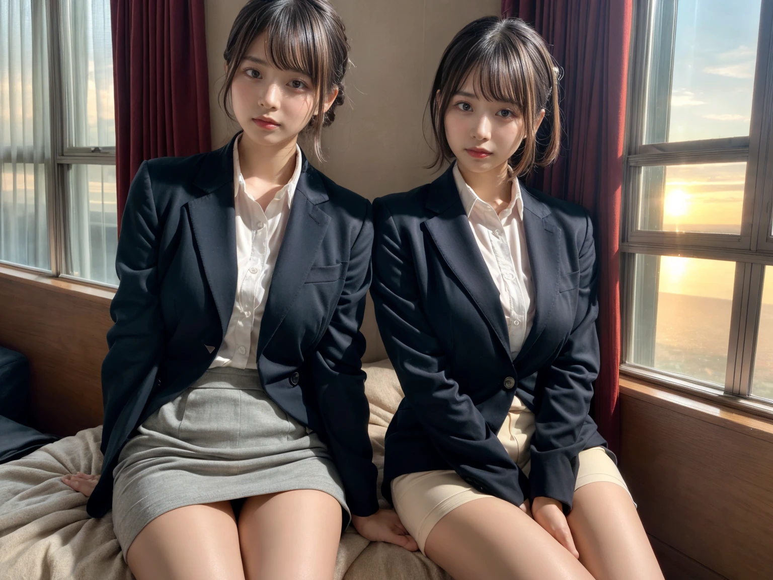 ulzzang-6500-v1.1, (Raw photo:1.2), (Photoreal), (genuine: 1.4), Office lady sitting cross-legged on the desk, wearing a strict suit, wearing a strict business suit, (super realistic pantyhose:1.3), ayami kojima amano, sakimichan, deayami kojima, reluvy5213, sakimichan HDRI, Yoshitomo Nara, Chiho, aoi ogata, to NFSW、