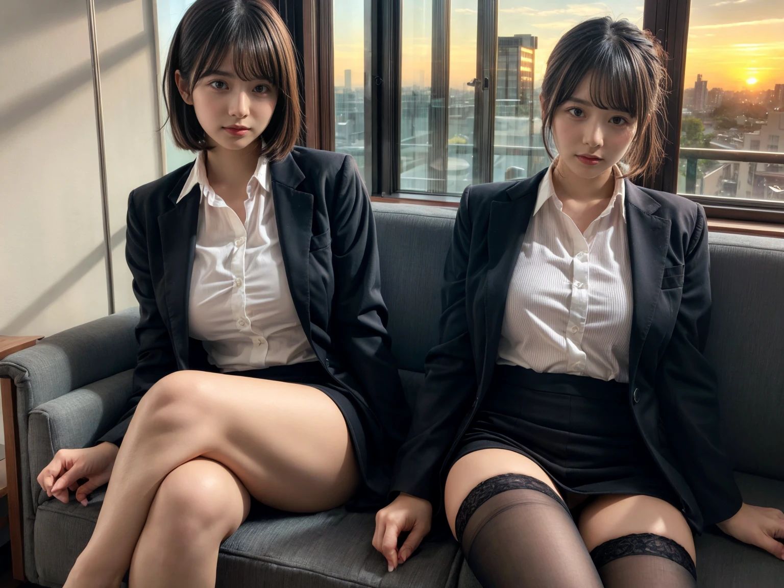 masterpiece, best quality, illustration, Super detailed, fine details, High resolution, 8K,wall paper, perfect dynamic composition,(Details High quality, realistic depiction of eyes:1.3), (2 girls), short hair, Office Lady, ,Suit,Collared shirt, Black Suit,Black jacket, updo, huge breasts,  black hair color, Big Natural Color Lip, bold sexy pose, crying a little、cold gaze, Harajuku style、20 year old girl、cute type、lolita、beautiful legs, hotel room, full body photo、focus on crotch, hposing Gravure Idol, Sexy shot looking at camera, Sunset, by the window, Summer, make up, Curve