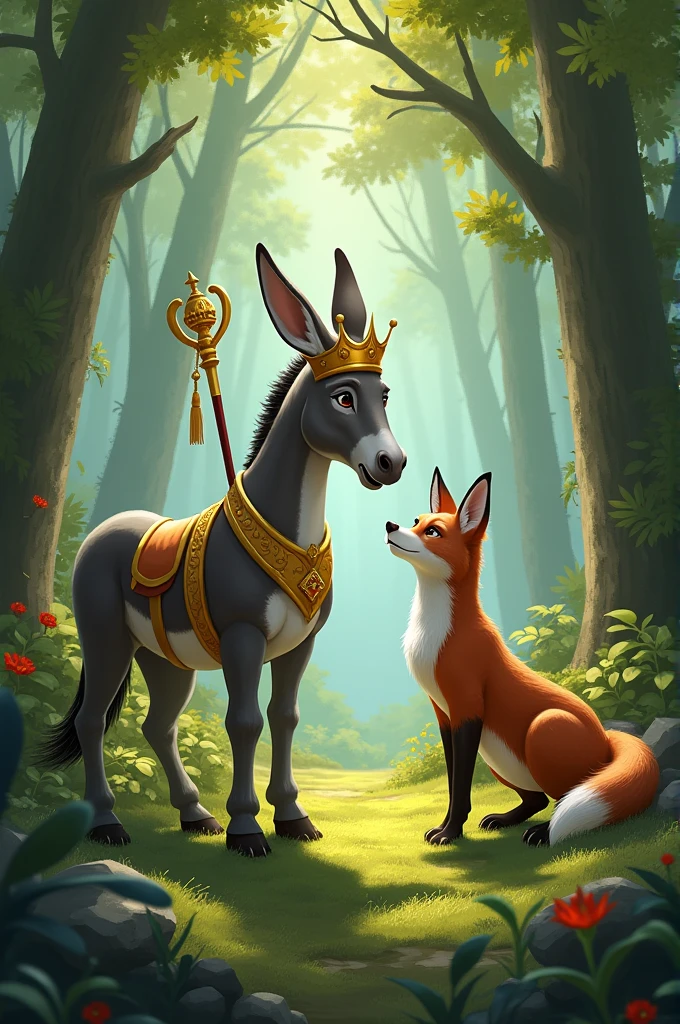 King Donkey and fox talking about them with in forest