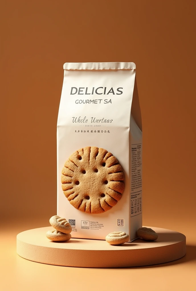 (photorealism:1.2), Propose a graphic design of a company called "DELICIAS GOURMET SA" which specializes in whole wheat cookies with nuts, a small package, de 138 g, that is most attractive to the target consumer, that conveys the image of a healthy product and complies with labeling regulations (nutritional information, ingredients, etc.) 