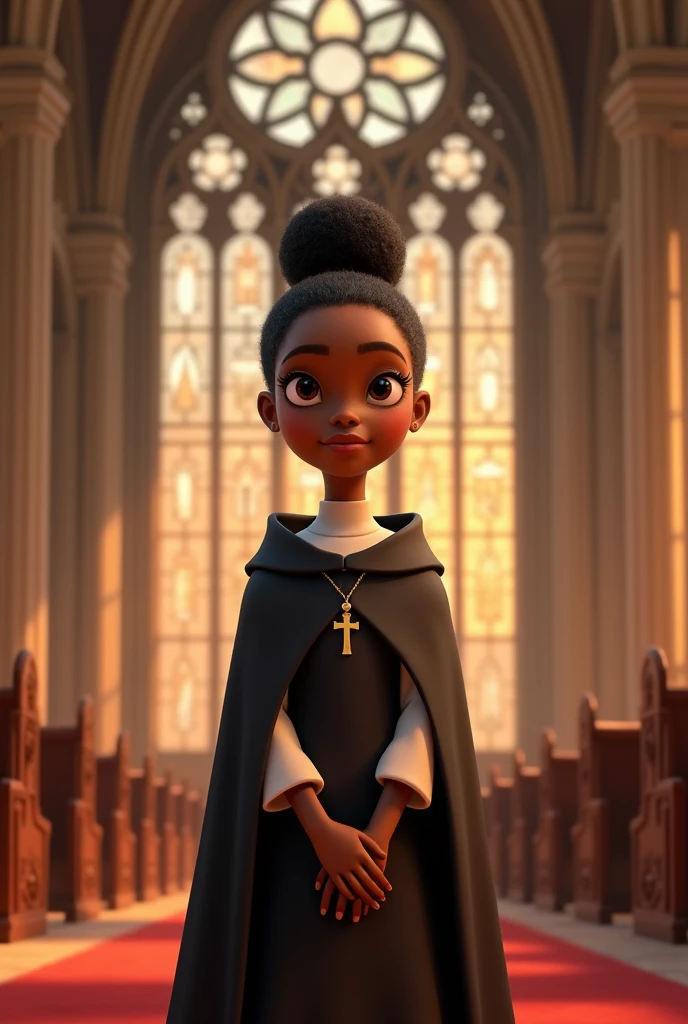 Pixar-inspired 3D poster of a young black woman with her hair TIED in a bun, wearing a red acolyte's robe,with a small crucifix around his neck, inside a church