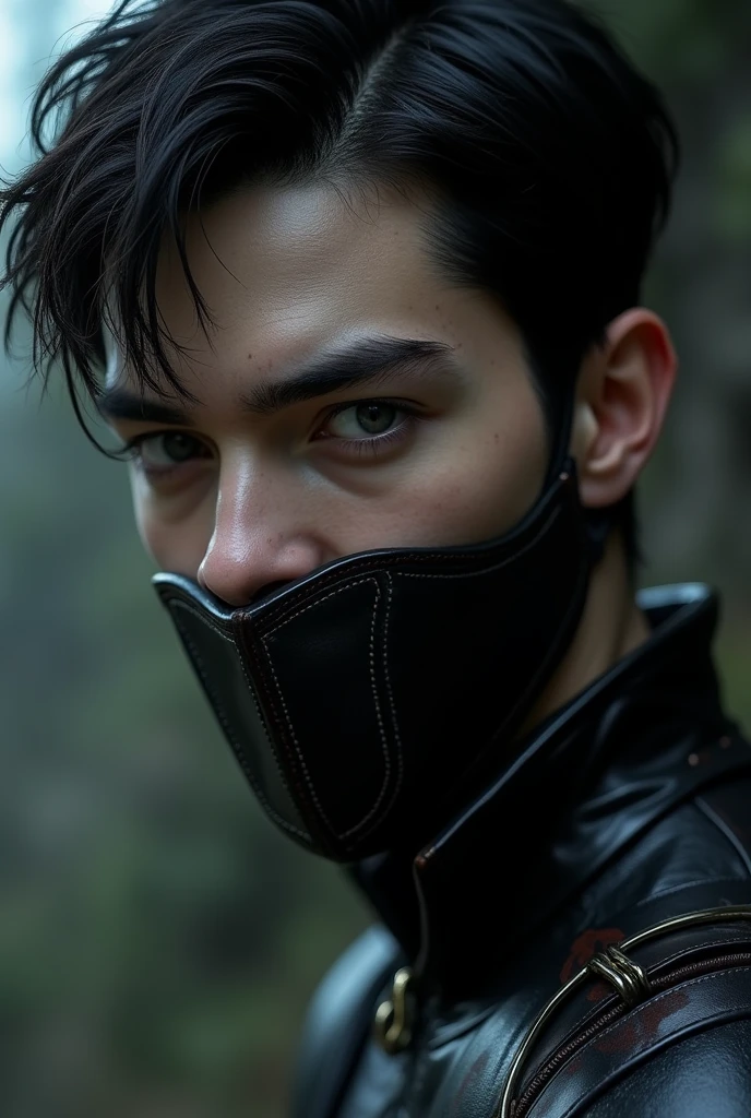 young man. porcelain skin. hair black as night. thick eyebrows. looking sideways. a leather mask covers his mouth. black armor short hair. White skin. 