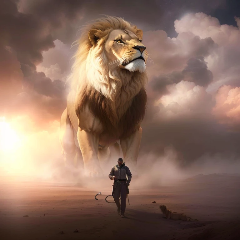 Arafed image of a man standing in front of a lion, the man riding is on the lion, Aslam, The lion, lion warrior, Portão dThe lion, 2d full body lion, with a lion's mane, majestic!!! comely!!!, half lion, lord of beasts, King of the jungle, lion body, por Derek Zabrocki, lions