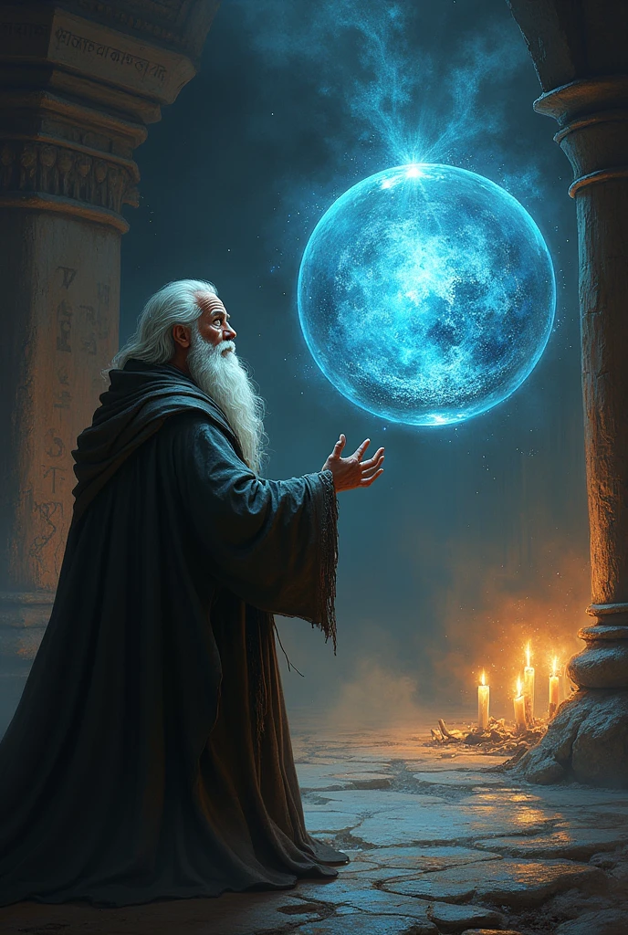 RPG illustration In an ancient chamber lit by candles, a wise wizard gazes upon a floating crystal sphere, where nebulous images begin to form. Inside the sphere, scenes from the future unfold like a fast-paced movie: battles, alliances, and critical decisions reveal themselves in brilliant fragments. The wizard watches with glowing eyes, taking in every detail that reveals itself in the sphere, as mystical runes float around, representing the flow of time.